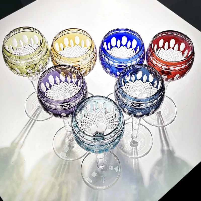 230ml Premium Crystal Wine Glass, Hand Cut Edo Kiriko Style Colored Overlay Goblet, Vintage Pattern Stemmed Drinking Cup