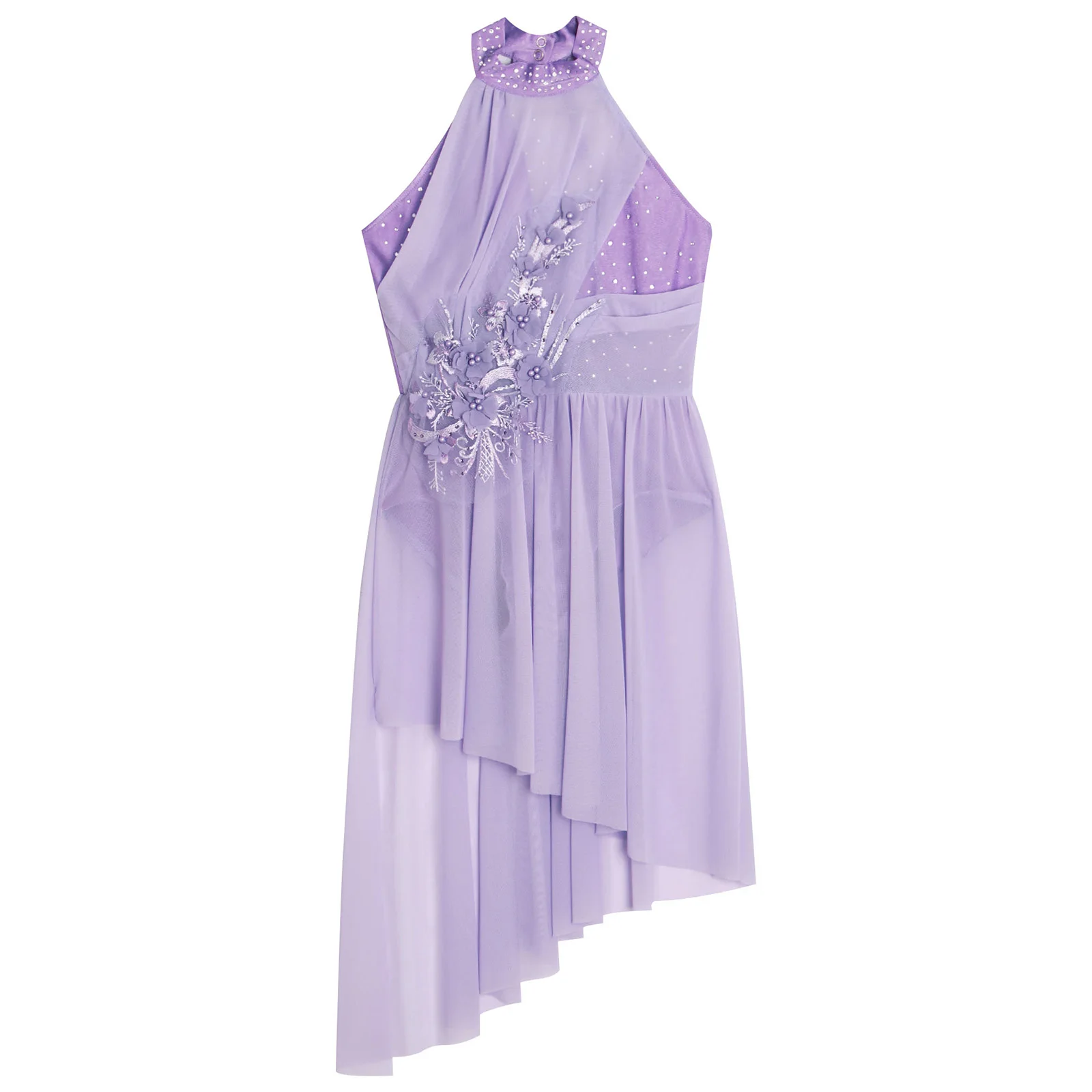 Girls Ballet Lyrical Modern Dance Dress Sleeveless Shiny Rhinestones Dress Gymnastics Ice Skating Performance Dancewear