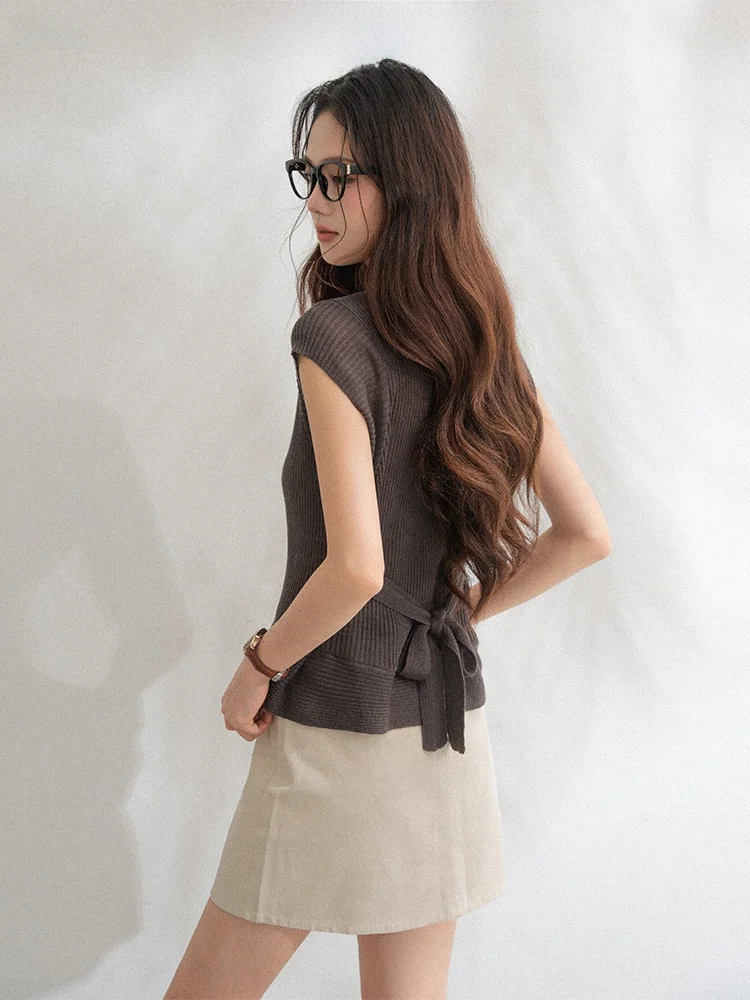 

Loveheynew Pure Color Summer Dopane Waist-Cinching Strap Knitwear ort Sve round Ne Thin Top for Women