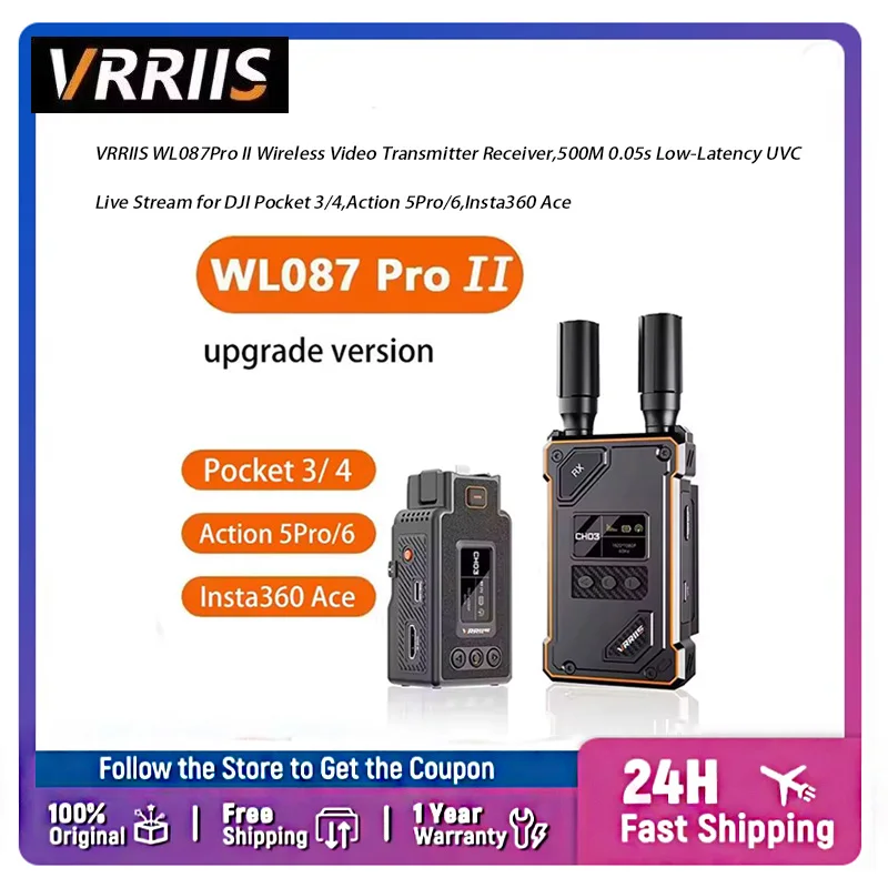 VRRIIS WL087Pro II Action‑Camera‑Dedicated Wireless Video Transmitter Receiver,500M Transmission,Multi‑Power Supply