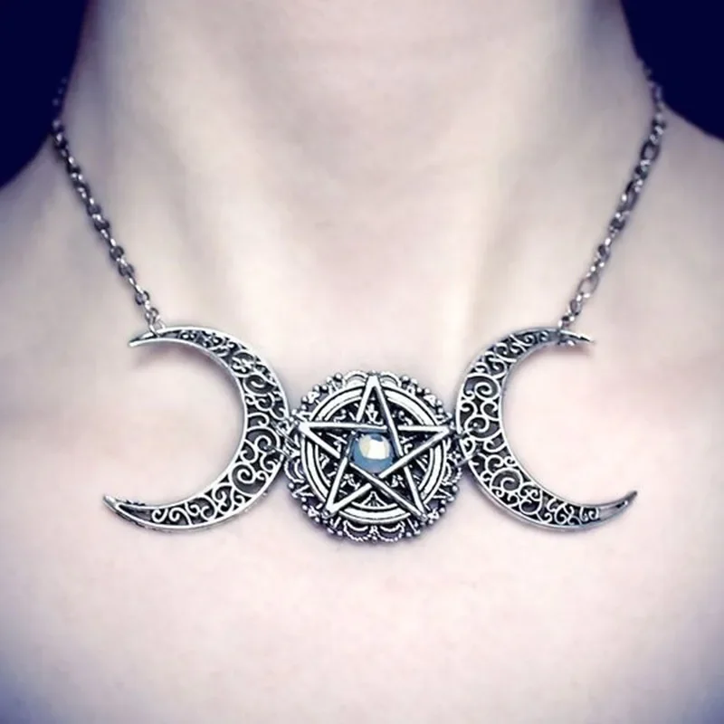 Triple Moon Necklace wiccan jewelry triple goddess pentacle necklace pentagram necklace pagan necklace