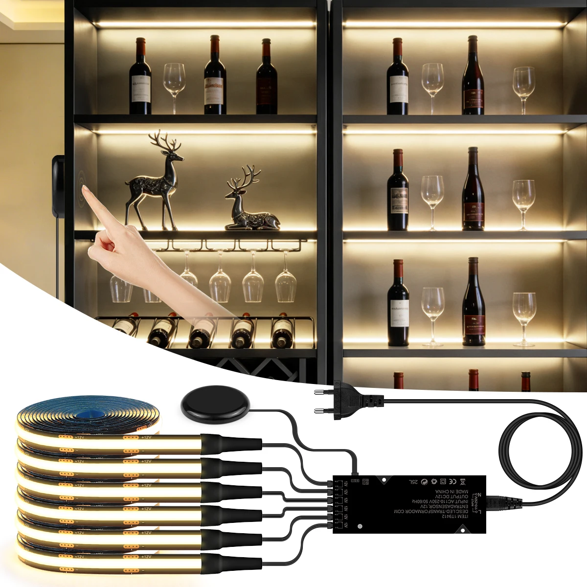 Black FCOB LED Cabinet Light Dark Wood Cabinet Showcase Wall Home Decoration Ribbon Lamp 1M 2M 3M Self-Adhesive Lights