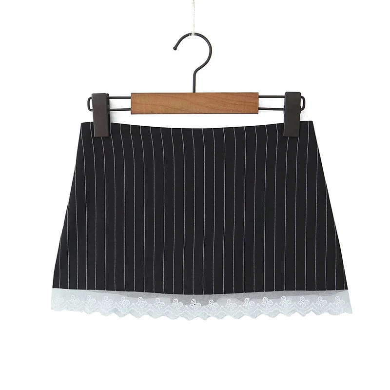 YENKYE Sexy Low Waist Pinstripe Mini Skirt Women Lace Trim Back Zipper Ladies Summer Skirts