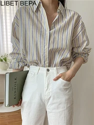 BL2289 New 2023 Korean Fashion Wild Vintage Print Shirts Chic Oversized Striped Women Spring Summer Elegant Blouses Lady Tops