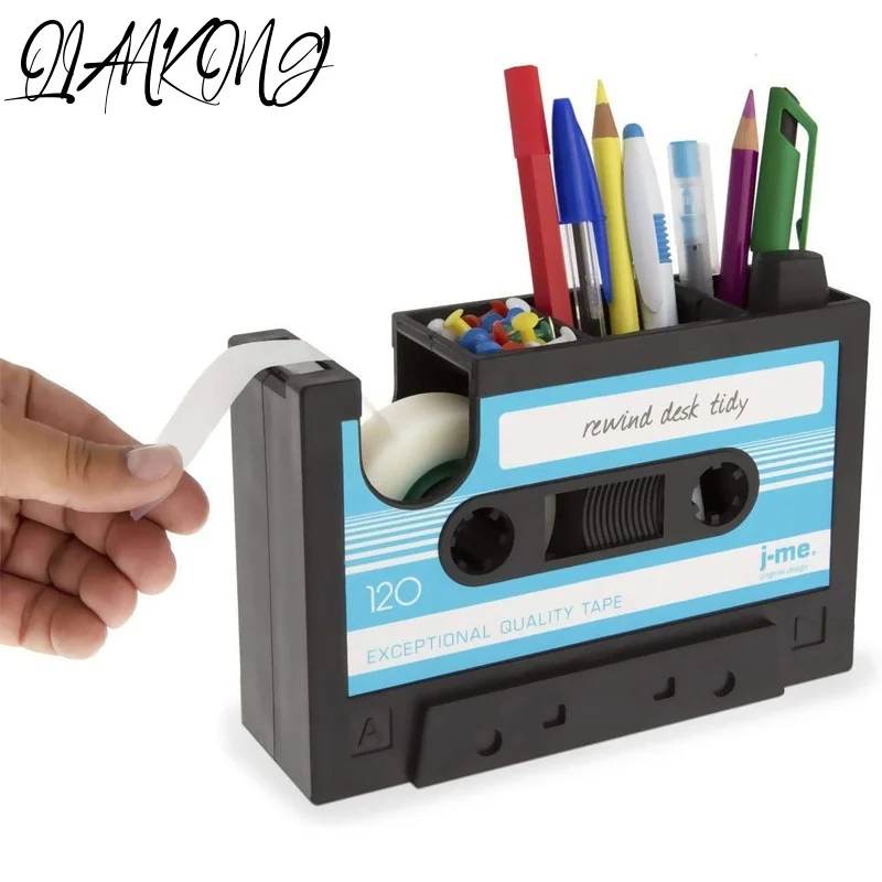 Multifuncional Pen Holder para Mesa de Escritório, Organizador de Papelaria Criativa, Retro Cassette Tape Dispenser, Presente, 2 em 1