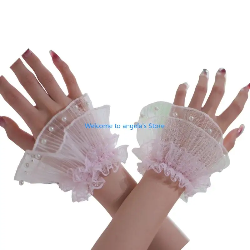 X4YC Fashion Artificial Pearls Cuff Sleeves Sheer Lace Flower Wrist Cuff Sleeves Elastic Wrist Decoration for Women Blouse