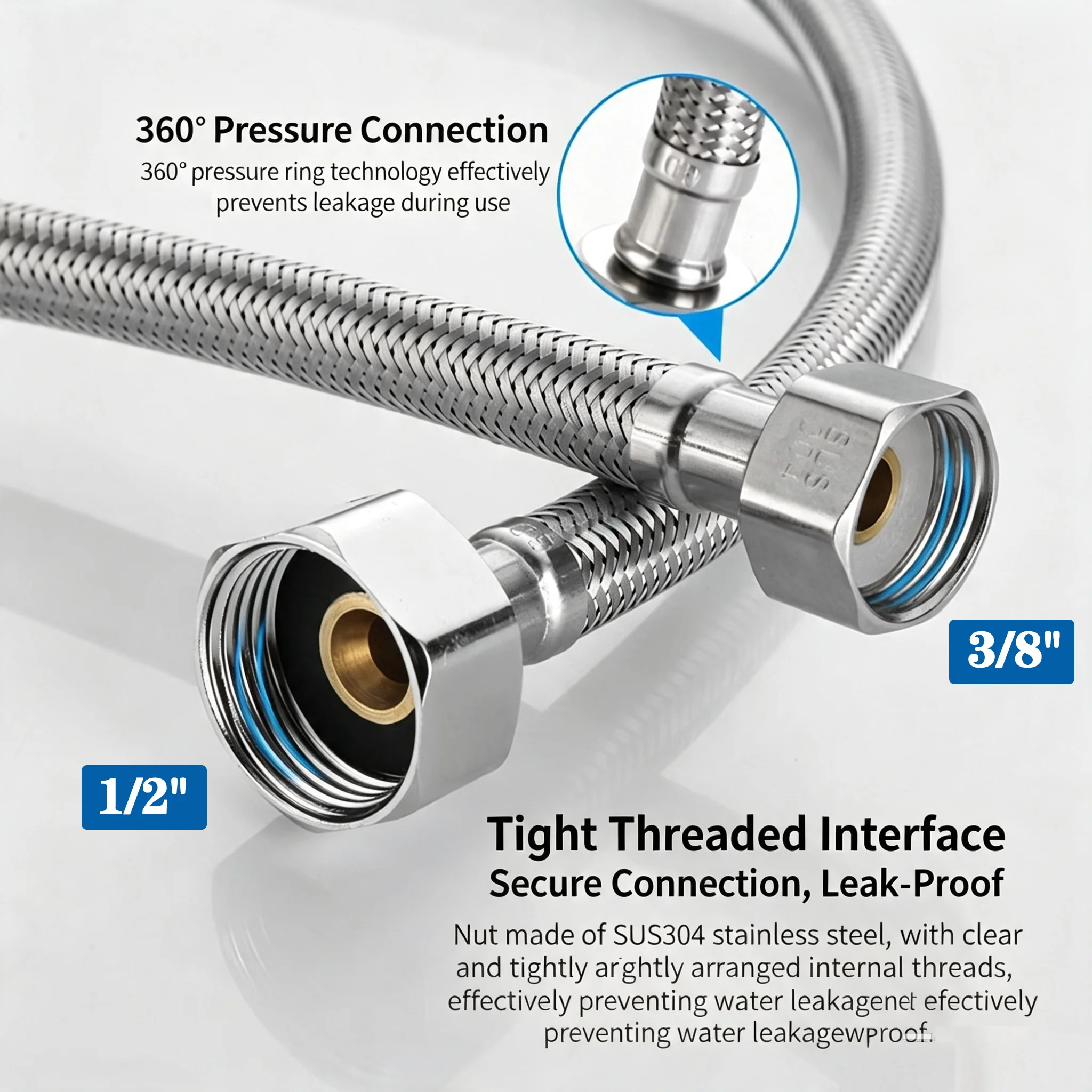 1pc 30/40/60/80Cm 304 Stainless Steel Braided Hose 3/8 Turn 1/2 Double Head Pipe Hot And Cold Faucet Inlet Pipe Extension Hose