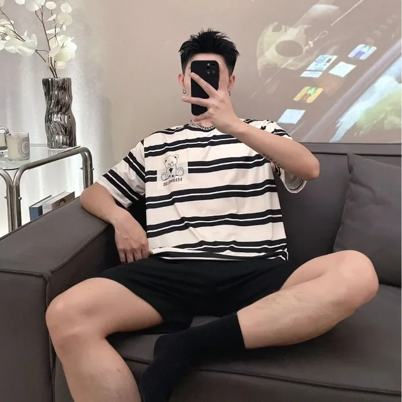 الرجال منامة الصيف قصيرة الأكمام السراويل في سن المراهقة موضة حجم كبير س الرقبة مخطط البلوز ملابس خاصة المتسكعون 2 قطعة مجموعة ملابس النوم