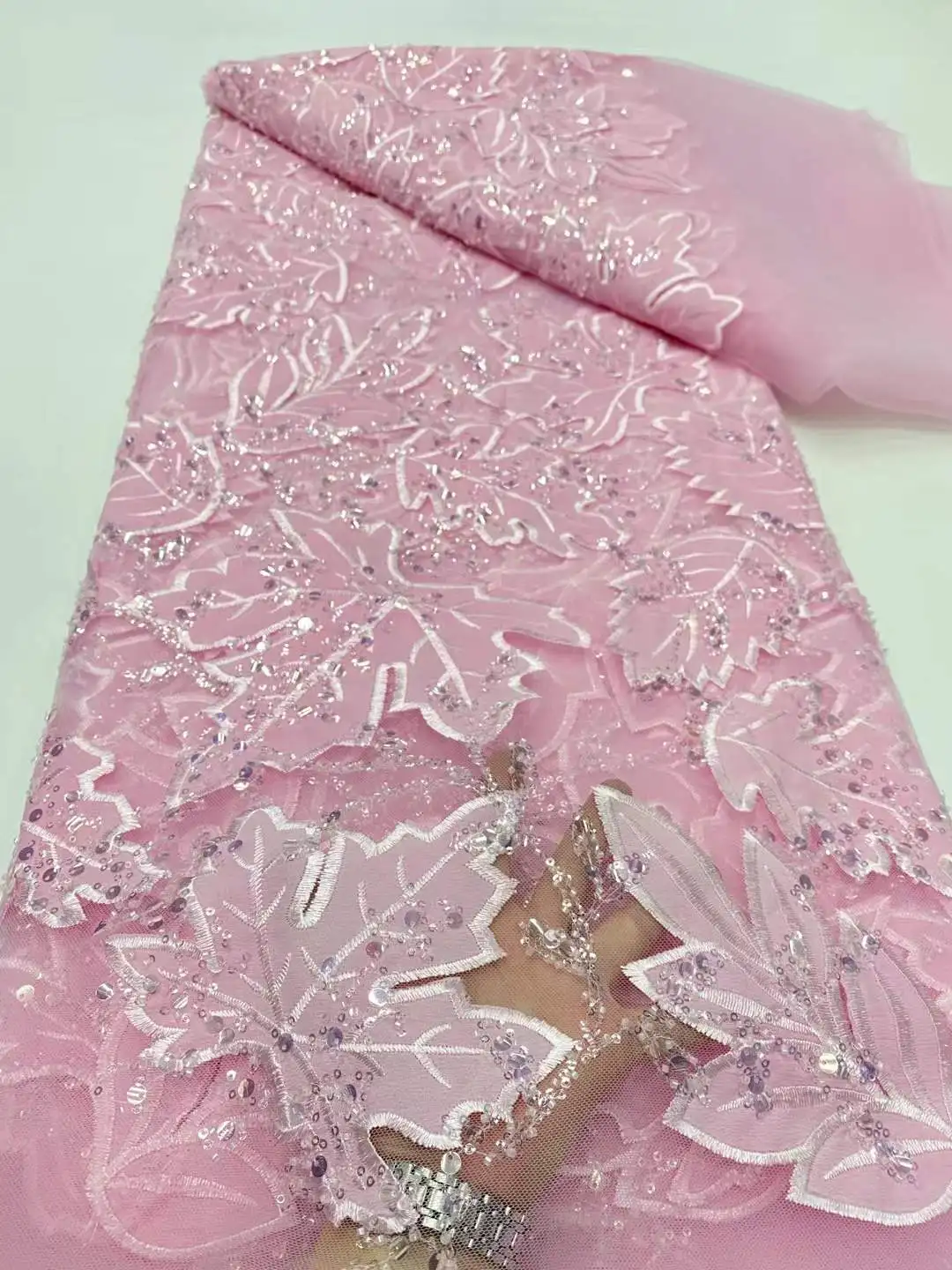 Luxury African Nigerian Groom Sequins Beads Lace Fabric 2025 High Quality French Tulle Lace Fabric For Bridal Dress