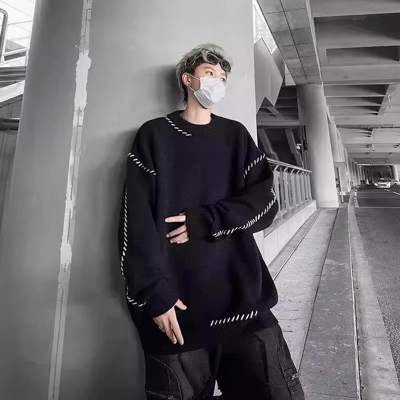 

Extra Large 300 Pou Open Stitch Knitted round Ne Sweater Men's Autumn Winter Loose Haome Cleanfit Knitwear Top