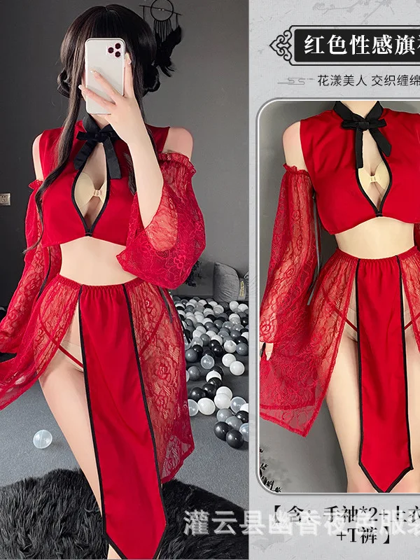 Klassische Jacquard Hanfu aushöhlen Perspektive Gaze Cheong sam Uniform süße Outfits für Frauen Schlitz rock Sommerkleider a797