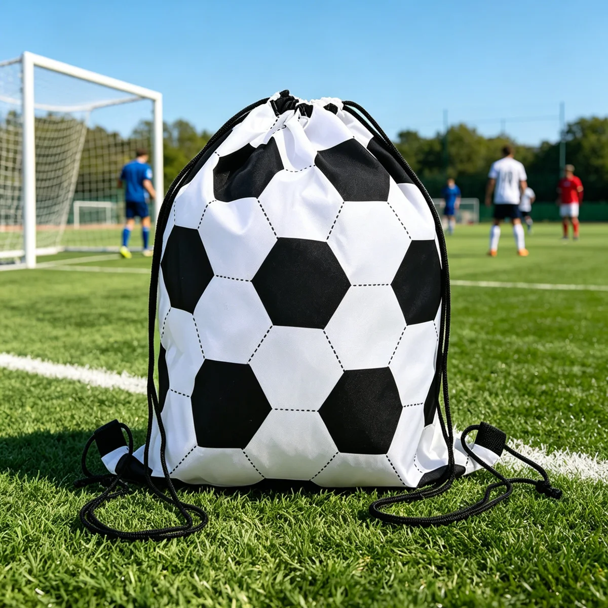 Football Pattern Drawstring Bag Black White Splicing Print Polyester Backpack Sports Storage Pocket Soccer Drawstring Backpack