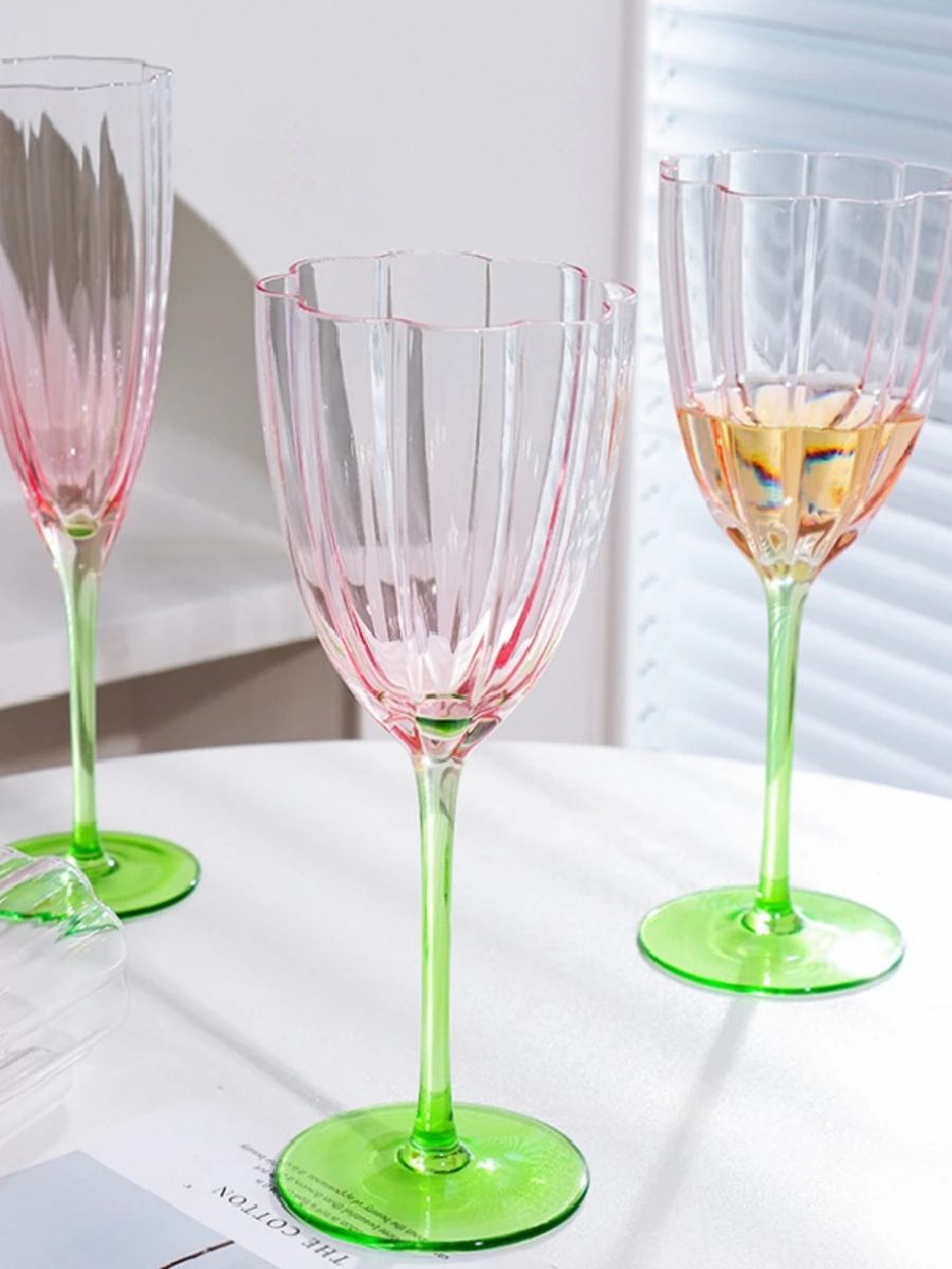 Retro Gradient Flower Crystal Champagne Glass Pink Goblet European Bubble Ancient Cup Home Drinking Glasses