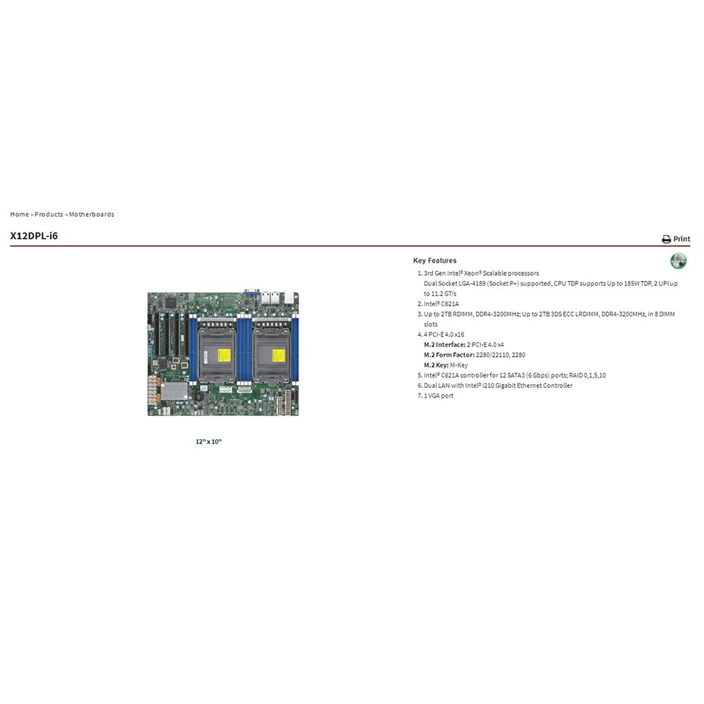 Server Motherboard Xeon Scalable Processors LGA-4189 PCI-E 4.0 SATA3 For Supermicro X12DPL-i6