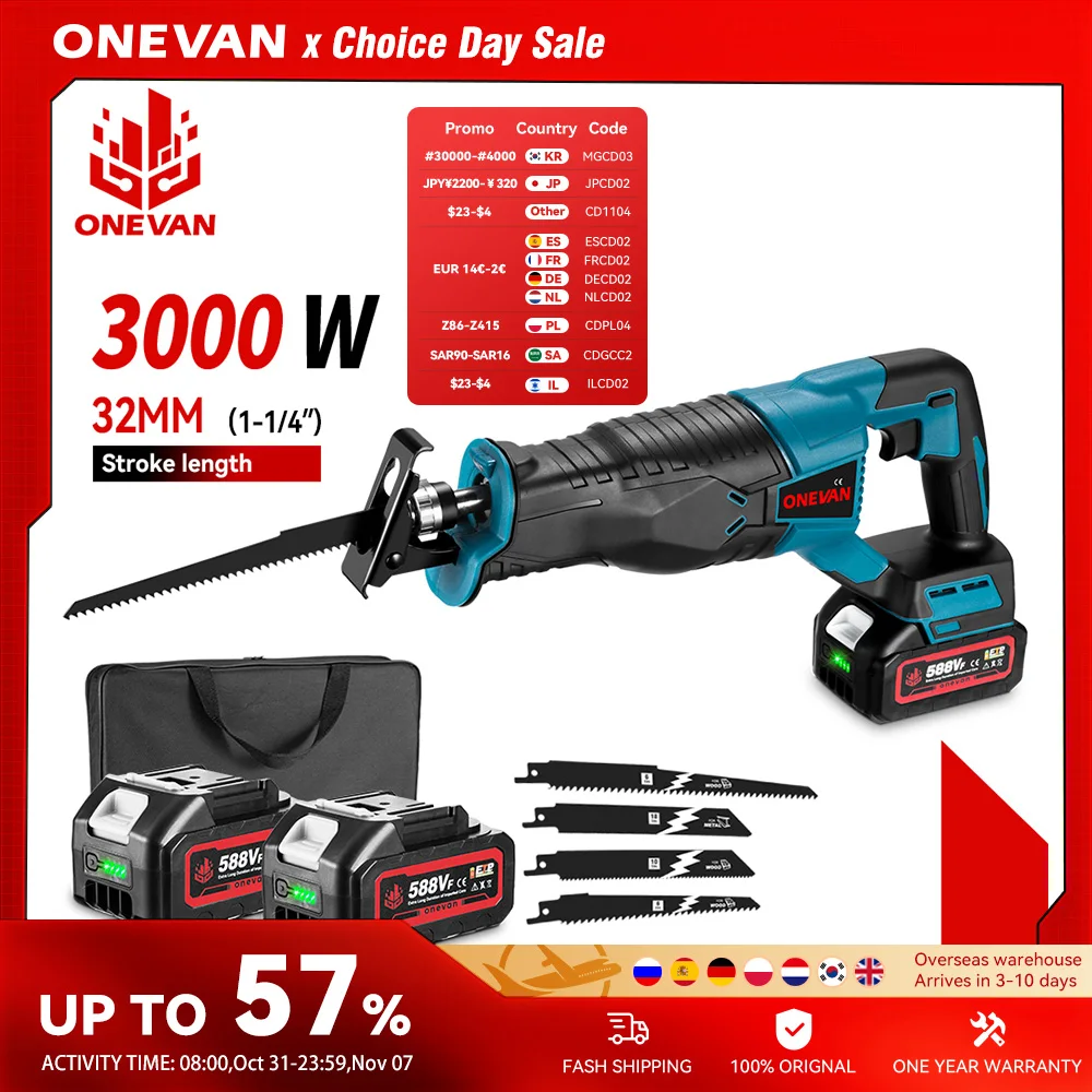 ONEVAN 3000W 10000SPM Electric Reciprocating Saw Electric Chainsaw Saber Saw Cordless Cutter Tool For Makita 18V Battery Pin