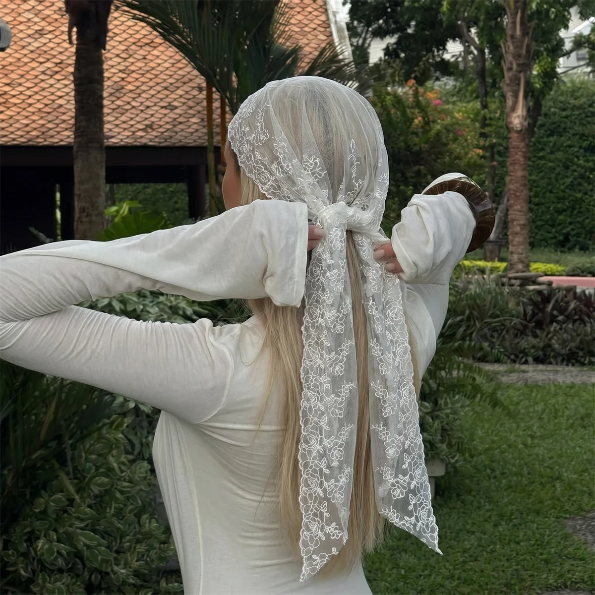 Vintage Floral Lace Headscarf Women Tulle Bandana Tie Back Hair Wrap Elegant Neck Scarf Bridal Beach Cover Hijab Head Scarf