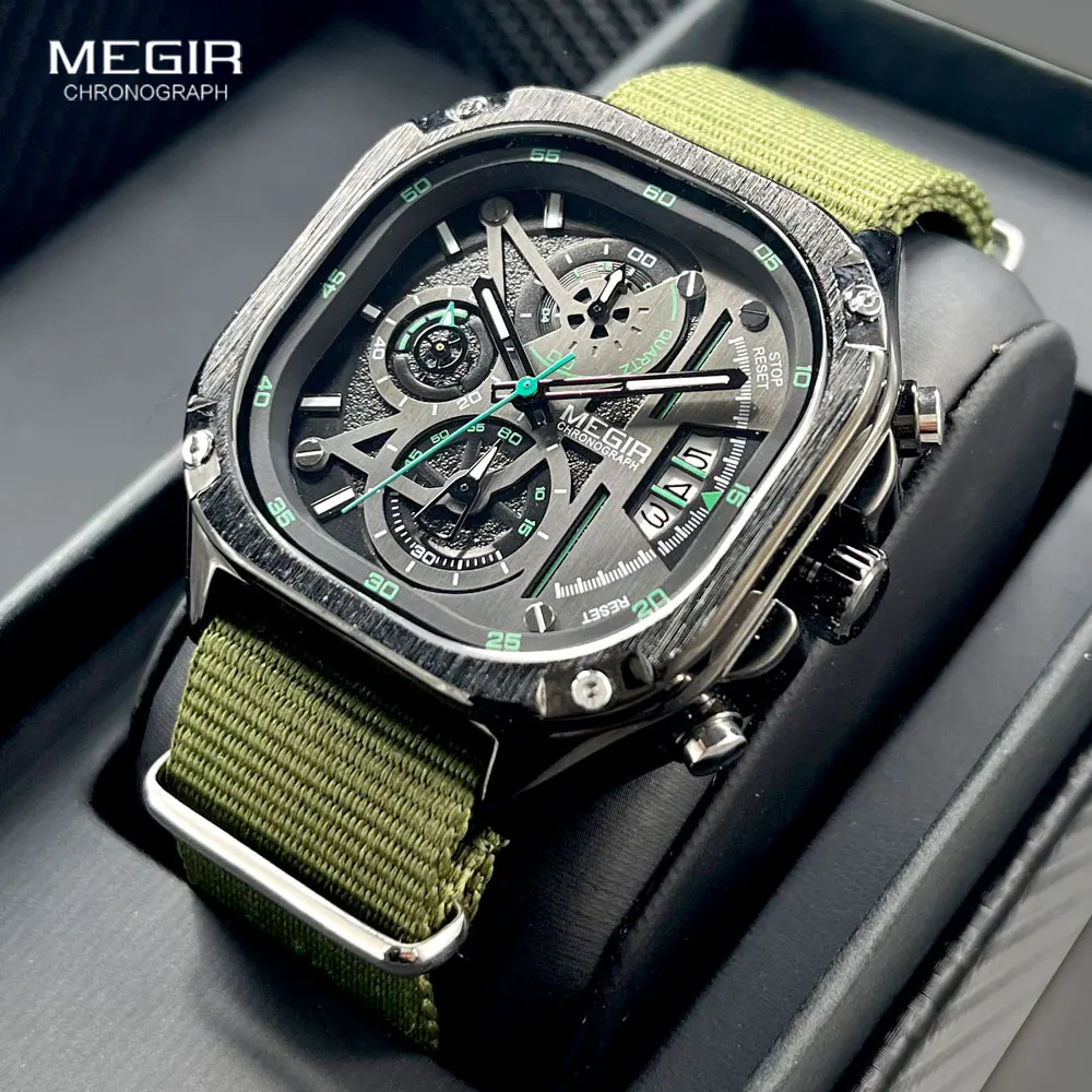 Fashion Megir Black Quartz Watch Men Waterproof Square Dial With Chronograph Full Stainless Steel Strap Luminous Hands Auto Date