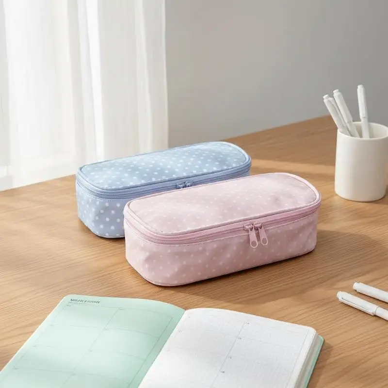 1 Stück Rosa Polka-Dot-Federmäppchen mit großer Kapazität, wasserdicht, vielseitig einsetzbarer Schreibwaren-Organizer für Mädchen-Schulbedarf – Detail 1