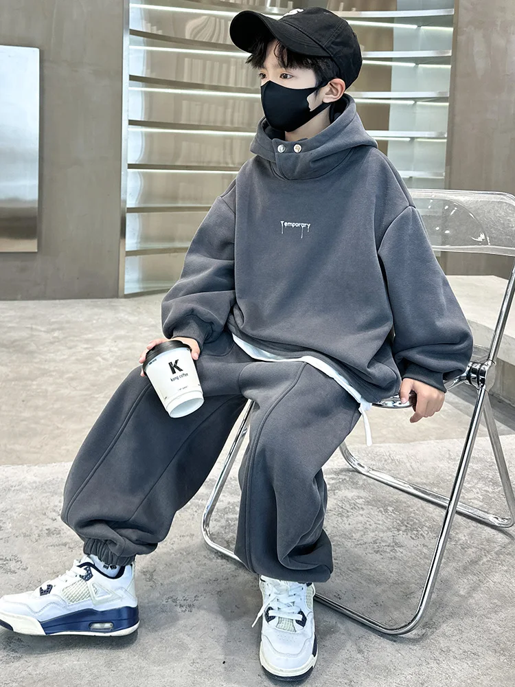 boys-spring-autumn-hoodie-set-korean-style-children's-clothing-warm-fleece-lined-hat-not-detachable-2-piece-set-for-kids