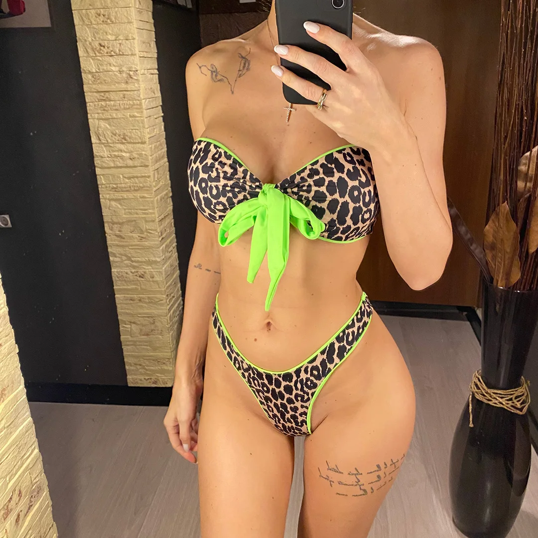Sexy Bandeau-Bikini mit Knoten und Leopardenmuster, Damen-Badeanzug, zweiteiliges Bikini-Set, Badebekleidung, Badeanzug, Modell V4179 – Detail 3