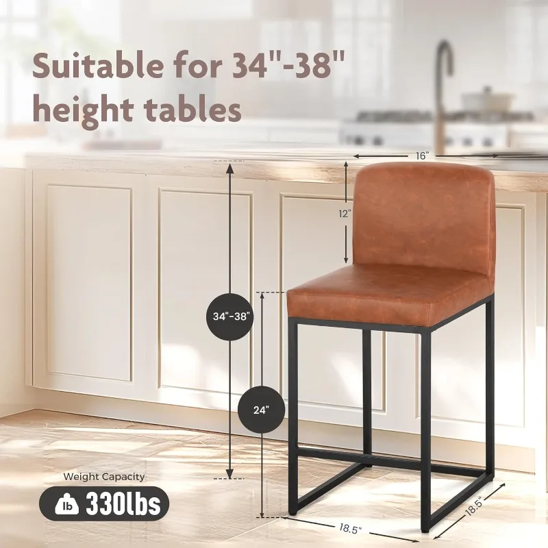 24”Counter Height Bar Stools Set of 4 Pu Leather Kitchen Modern Bar Stools with Backrest Upholstered Footrest Sturdy