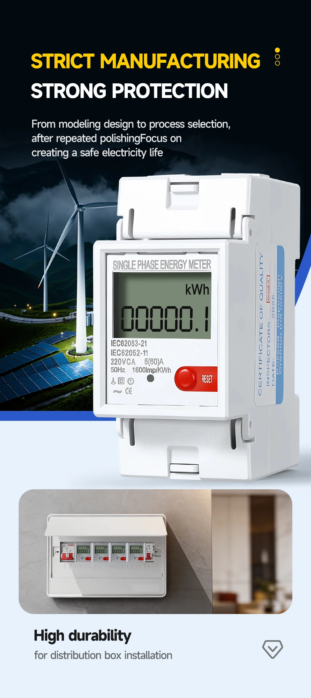 LCD-Anzeige kWh-Zähler 220V 5(60)A Energiezähler kWh 50Hz AC Digitaler Energiezähler Rücksetzen auf Null Energiezähler Haushaltsenergie – Detail 3