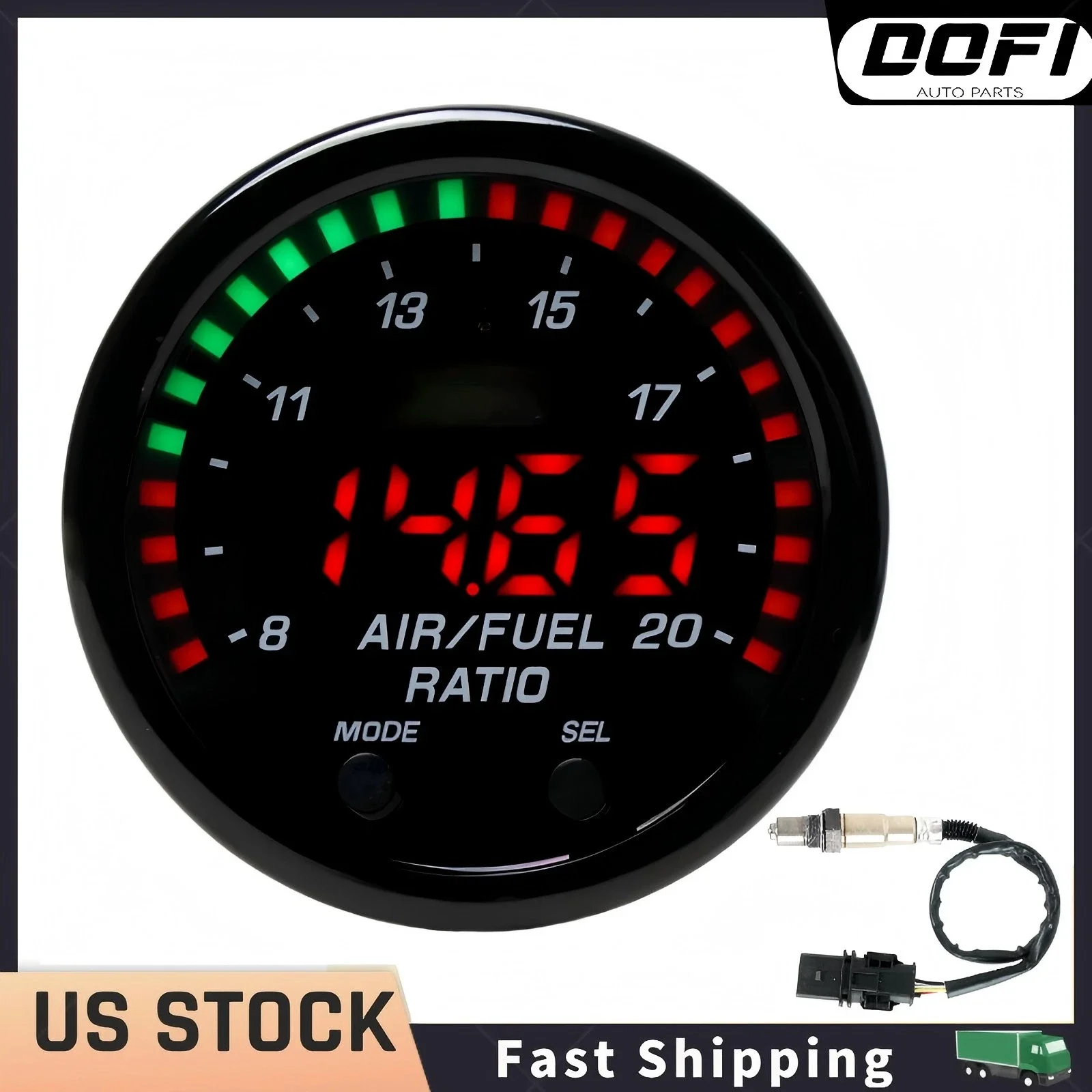 

2" 52mm Air Fuel Ratio Gauge LED Digital Display + Wideband O2 Oxygen Sensor 12V