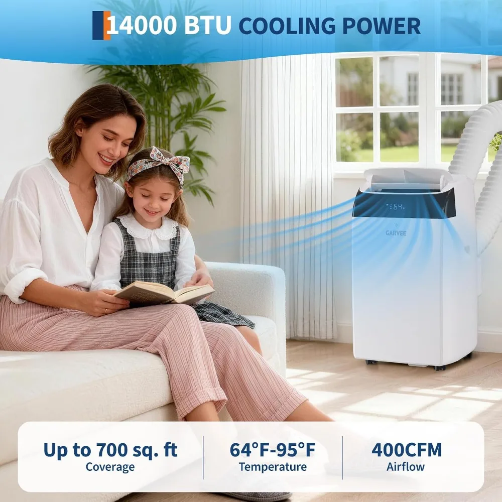 Garvee Mini Portable Air Conditioner 14,000 BTU Electric LED Display with Remote Control，Dual Hose & Heat Pump for Living Room Home Office RV Outdoor Use