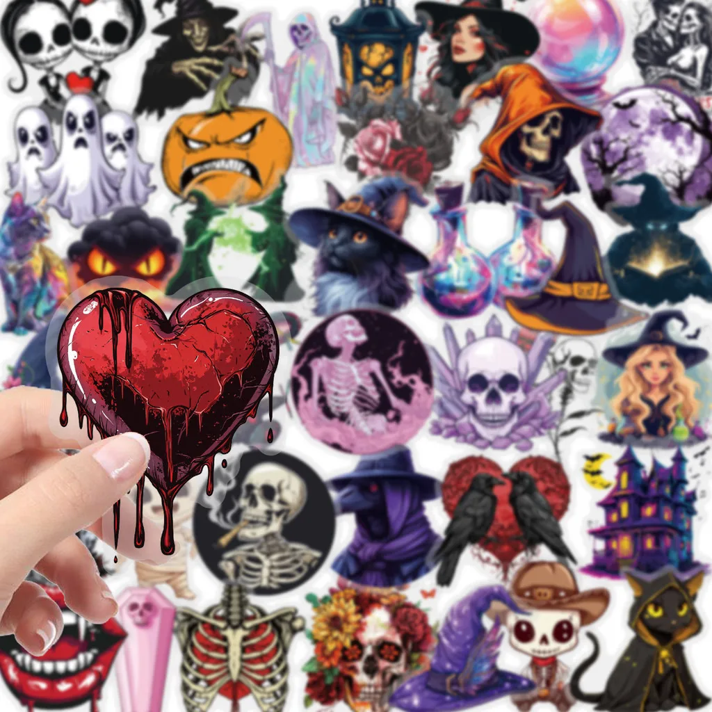 

50PCS Halloween PET Horror Aesthetic Cartoon Stickers - Witch & Skull Designs for DIY Luggage & Notebooks Papery Pop Store