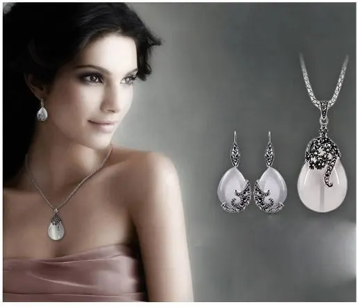 Vintage 925 Sterling Silver Jewelry Sets For Women Fashion Water Drop Shape Cat Eye Stone Pendants Necklace Earring Set