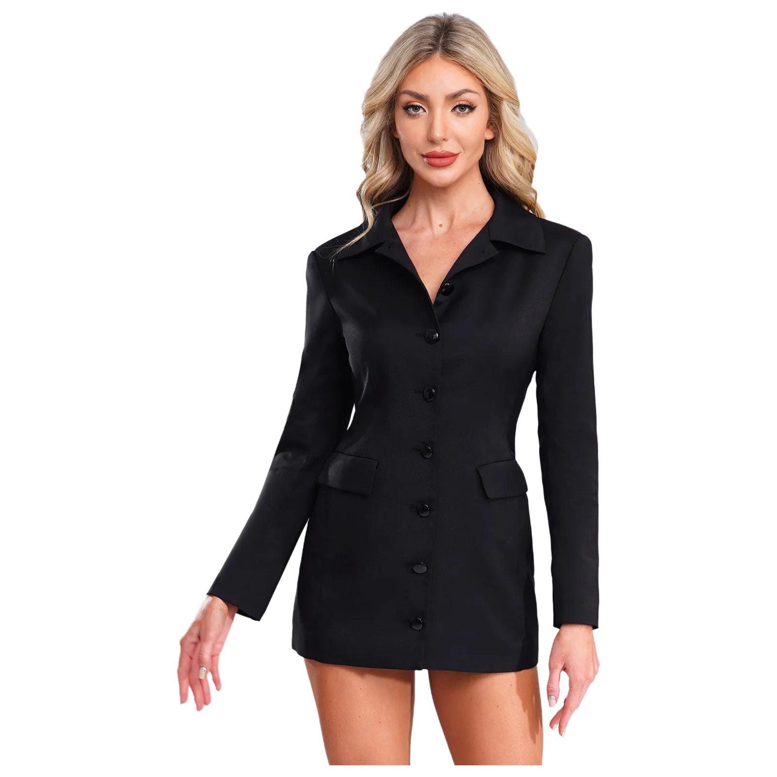 Elegancka damska sukienka-żakiet z długim rękawem, zapinana na guziki, z klapami, dopasowana mini sukienka, długie marynarki do pracy biurowej, formalne garnitury, sukienka.