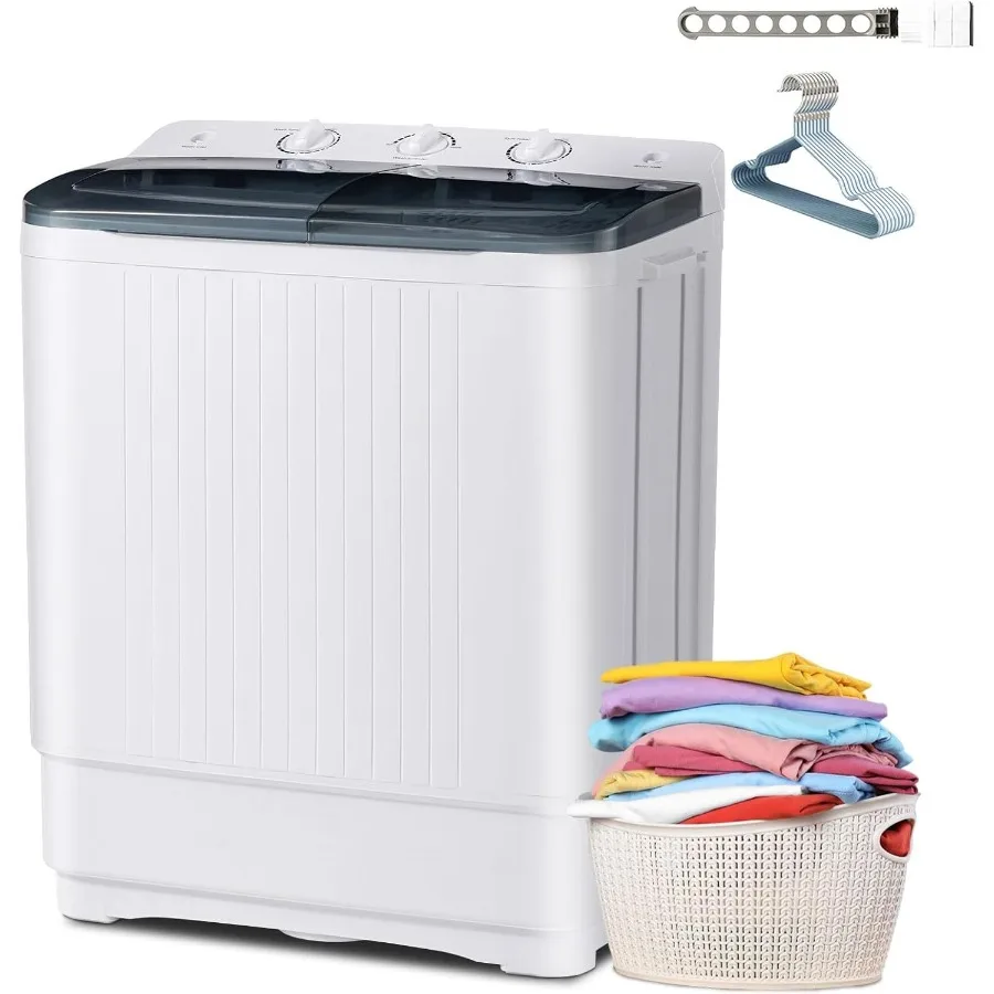 

Portable Mini Twin Tub 32Lbs Washing Machine with Drying Rack 10 Hangers Washer 20Lbs and Spinner (12Lbs) Combo with Timer Knob