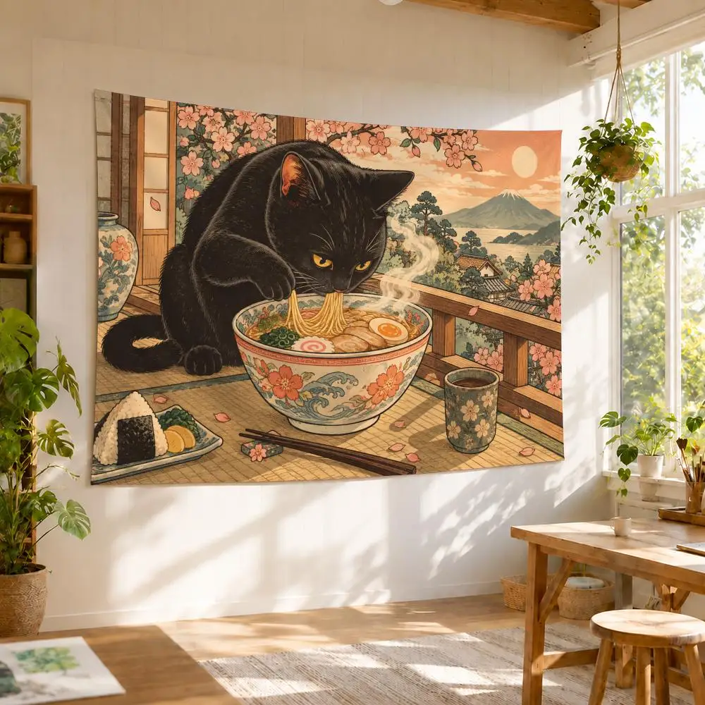 Cats Love Ramen Tapestry Durable Soft Microfiber Horizontal Wall Hanging Decor For Bedroom Patio Garden Parties 2