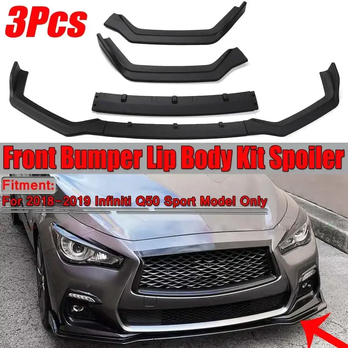 

3PCS Detachable Car Front Bumper Lip Spoiler Diffuser Splitter Lip Guard Cover For Infiniti Q50 Sport Model 2018 2019 Body Kit