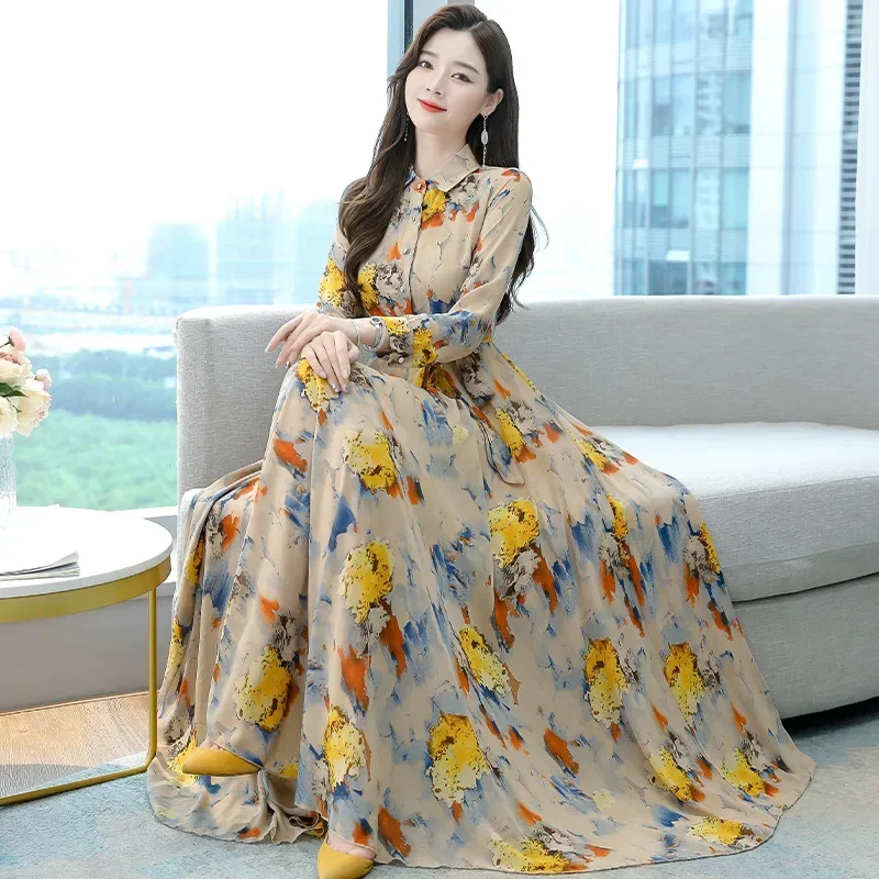 Muslim 2024 Elegant Casual Beach Boho Maxi Dress Spring Autumn Vintage Dresses Women Fashion Floral Chiffon Long Vestidos