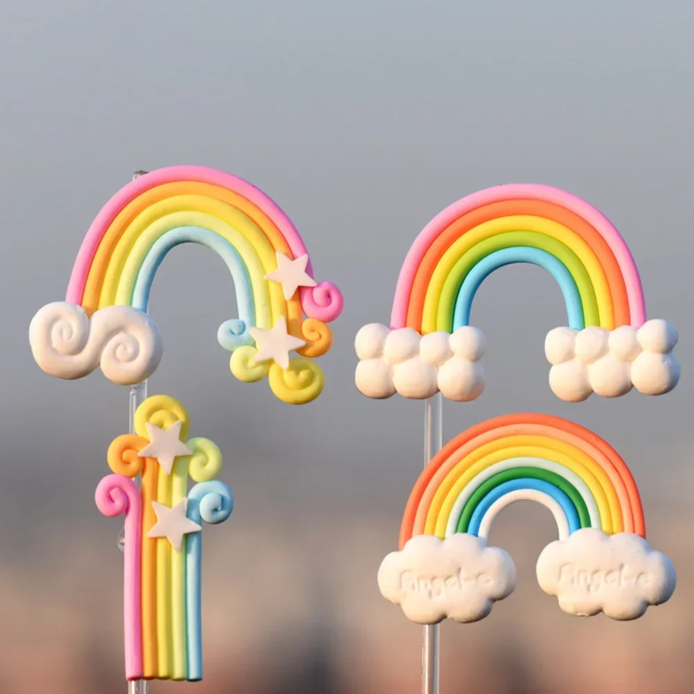 Polymer Clay Rainbow Cloud Cake Topper Birthday Party Wedding Cake Decorations Baby Shower Party Bake Flags