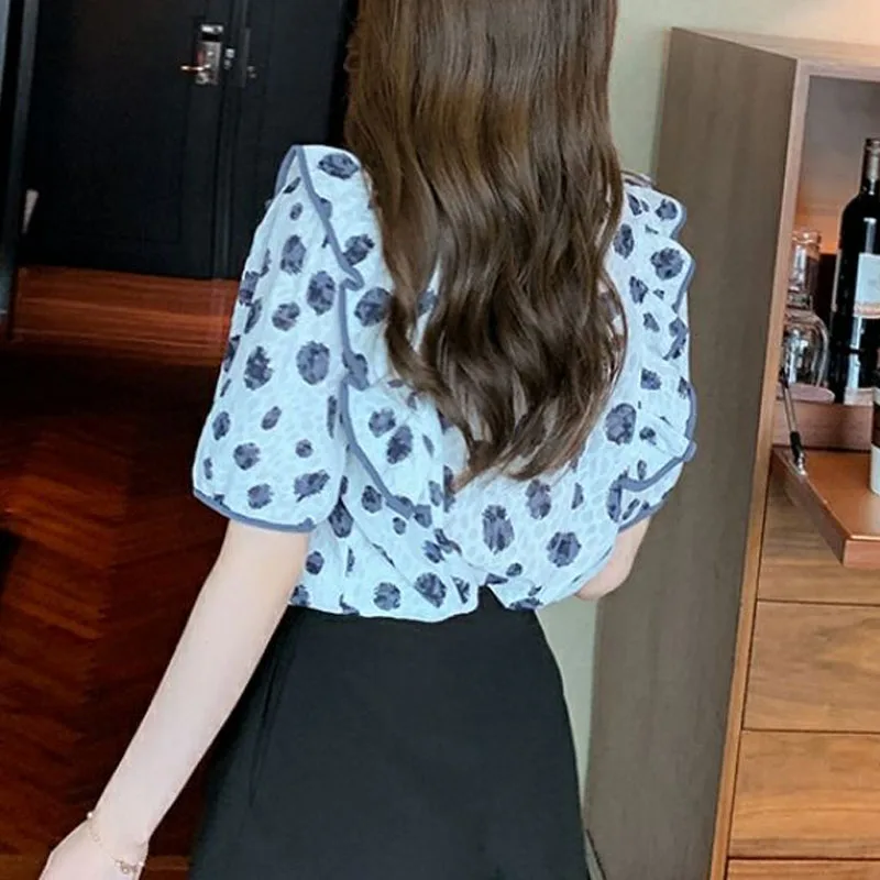 Korean Casual Polka Dot Printed Blouse for Female Summer Fashion All-match Ruffles Spliced Short Sleeve Shirt Women\'s Clothing