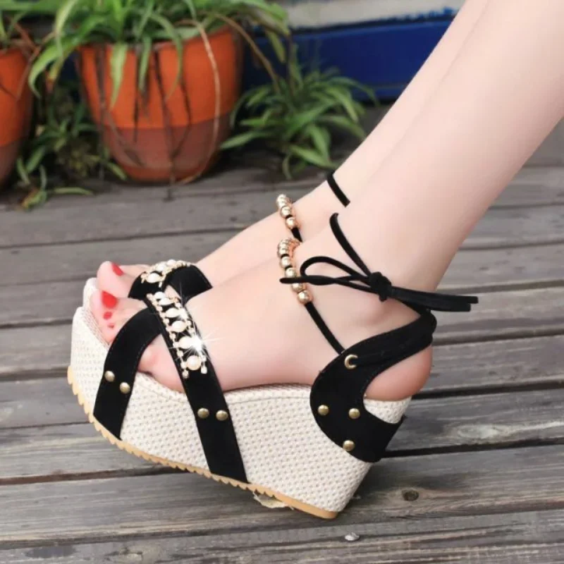 Comem Women Sandals with Straps High Heel String Bead Shoes Wedges Heels 2023 Black Sweet Platform Fashion Summer Elegant Beige