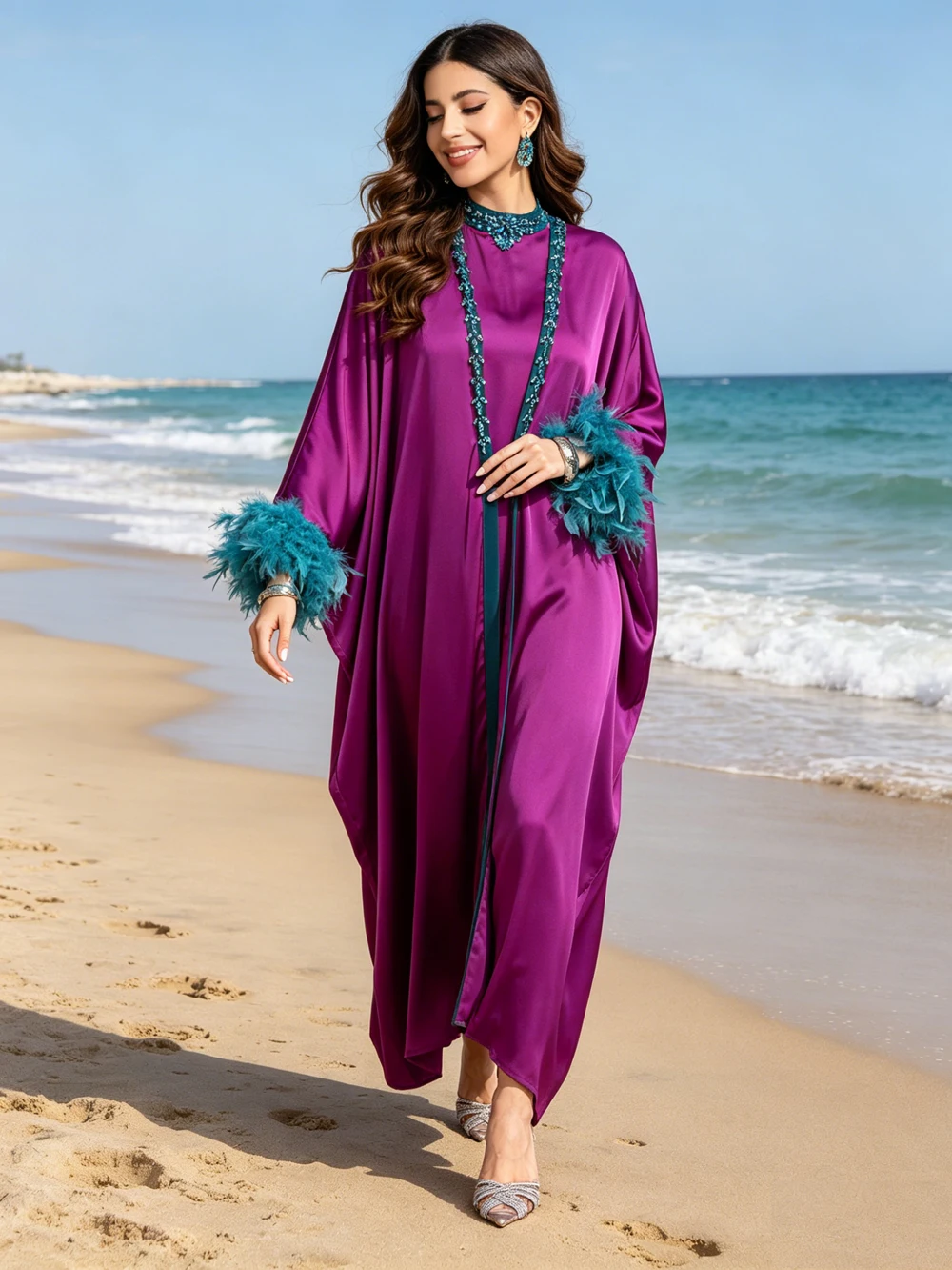 

Eid Muslim Women feathers Diamonds Kimono Cardigan Inner Dress 2 Piece Set Luxury Dubai Abaya Kaftan Djellaba Jalabiya Islamic