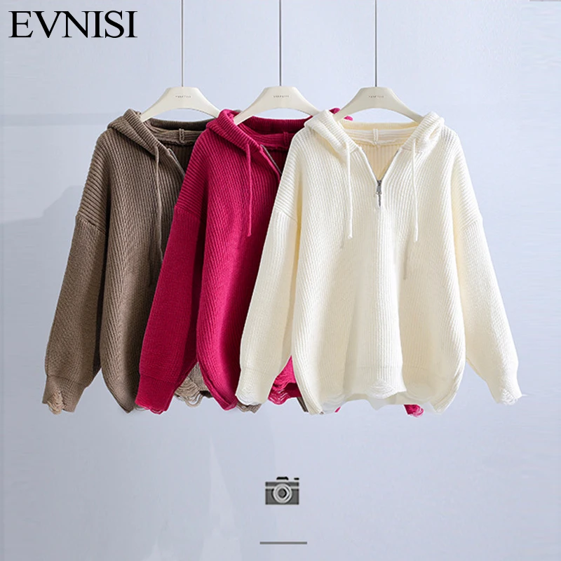 EVNISI Women's Half Turtleneck Zippers Women Sweaters Hooded Fashion Solid Rose Hole Pullover Knitted Sweater Woman Winter 2023