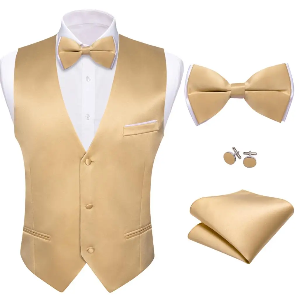 

Luxury Vest for Men Gold Solid Plain Silk Waistcoat Bowtie Set Wedding Party Business Formal Sleeveless Jacket Barry Wang