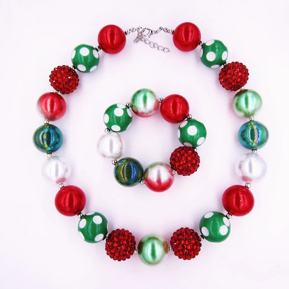 Toddler Girls Cute 20MM Chunky Bubblegum Necklace Christmas Red Green Rhinestone Beads Necklaces Bracelet Gift For Child 1Set