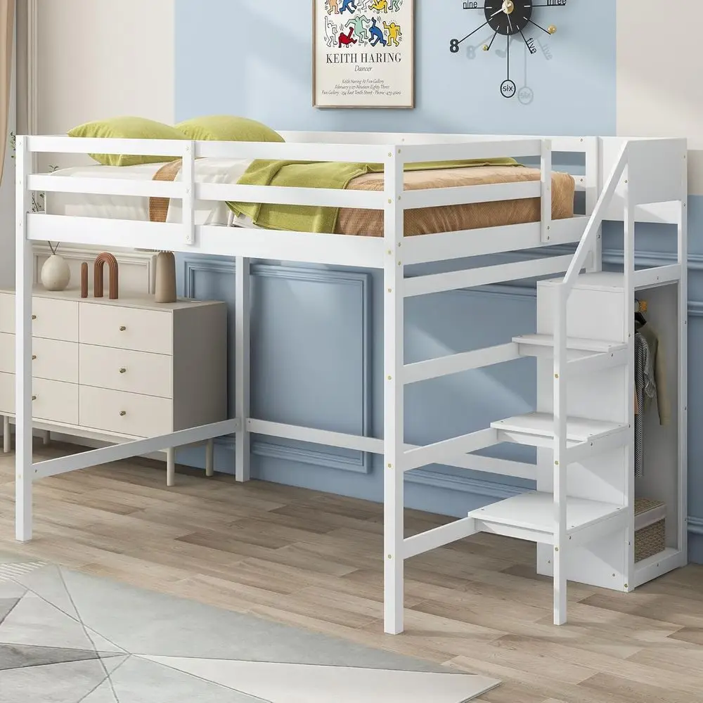

White Loft Bed with Staircase, Storage and Wardrobe, Wooden Loft Bed with Shelves for Kids and Teens Bedrooms