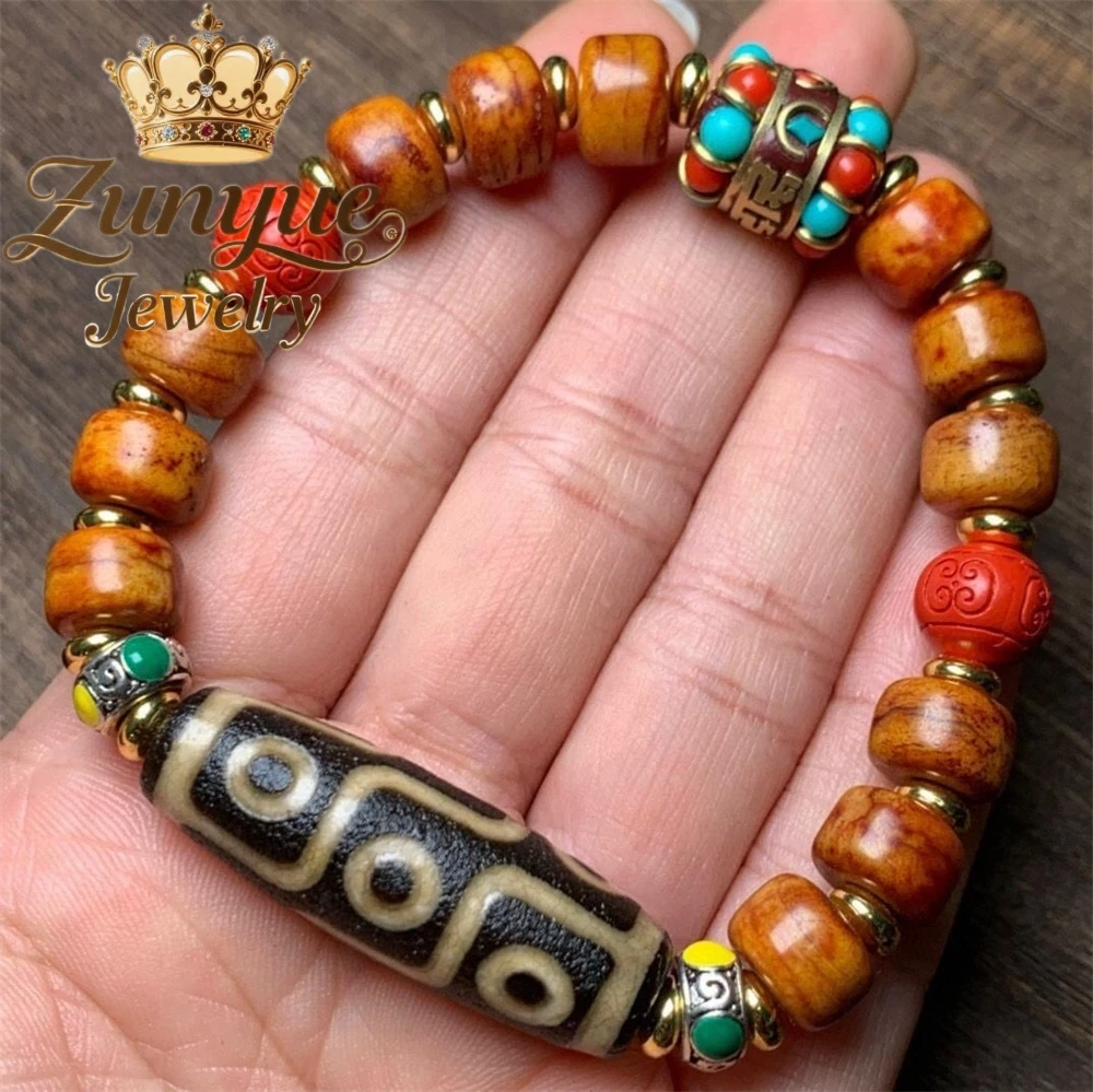 Unisex Natural Agate Nine-Eye Dzi Bead Bracelet Vintage Pattern Tube Beads Tassel Elastic Wrist Band Hand Jewelry Accessories