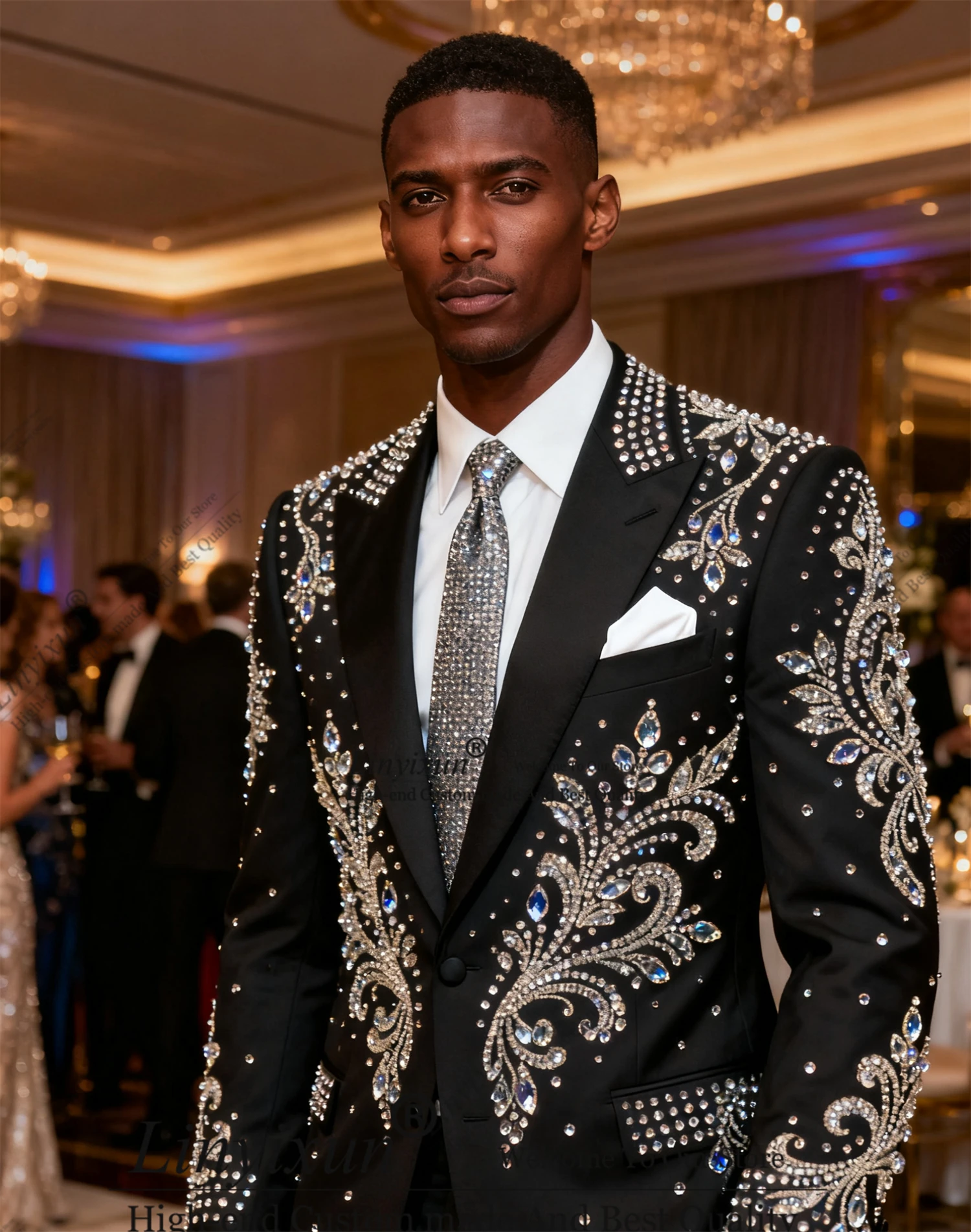 

Элегантные мужские костюмы с кристаллами из бисера, комплекты из 2 предметов, мужской пиджак для выпускного вечера, двубортный Ropa hombre, тонкий свадебный смокинг для жениха