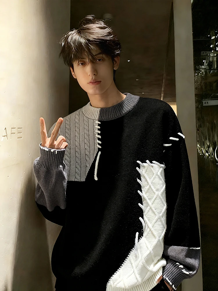 

American Sle Spliced Color Blo round Ne Fce Lined Men's Knitwear Loose Fit Comfortable Casual Outerwear