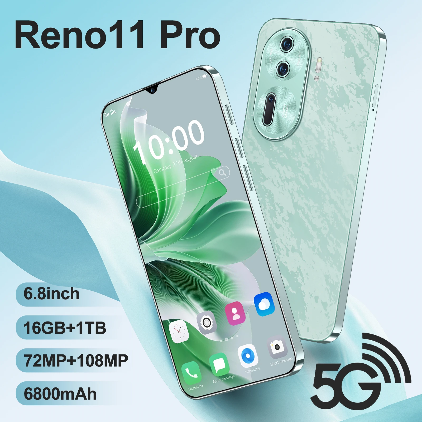 Reno11 pro Smartphone 6.8 HD Full Display 16GB RAM 1TB ROM 72MP+108MP Camera Dual SIM Dual Standby 5G Support Black Green