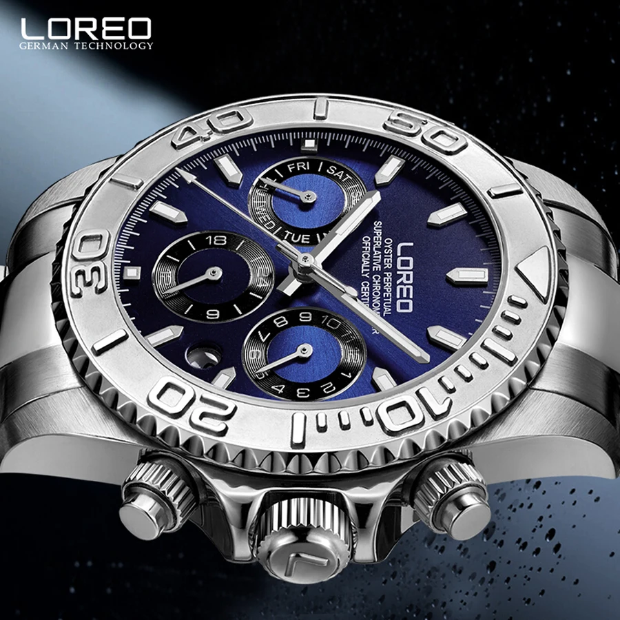 LOREO Top Brand Watch Men Steel Business Date Waterproof 200m Luminous Watches Mens Luxury Sport Automatic Mechanical Watch