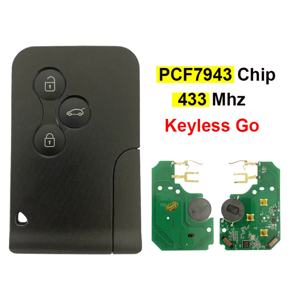 

3 Button 433MHz ID46 PCF7943 with Emergency Blade Smart Remote Car Key Keyless Card for Renault Megane 2 Scenic 2 Clio 2