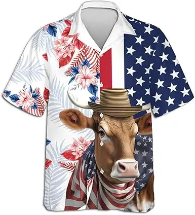 Fashionable Hawaiian style, beach, cartoon printed patterns, casual wear, relaxed vacation beach shirt